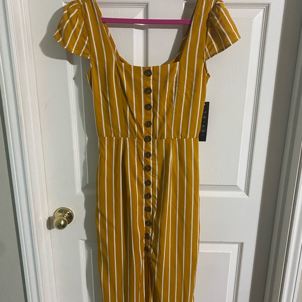 Brand New Striped Mustard Button-Down Dress